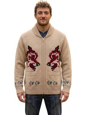 Vintage 1950s Retro Wolf Knit Cardigan - Cozy Jacquard Wool Blend Sweater